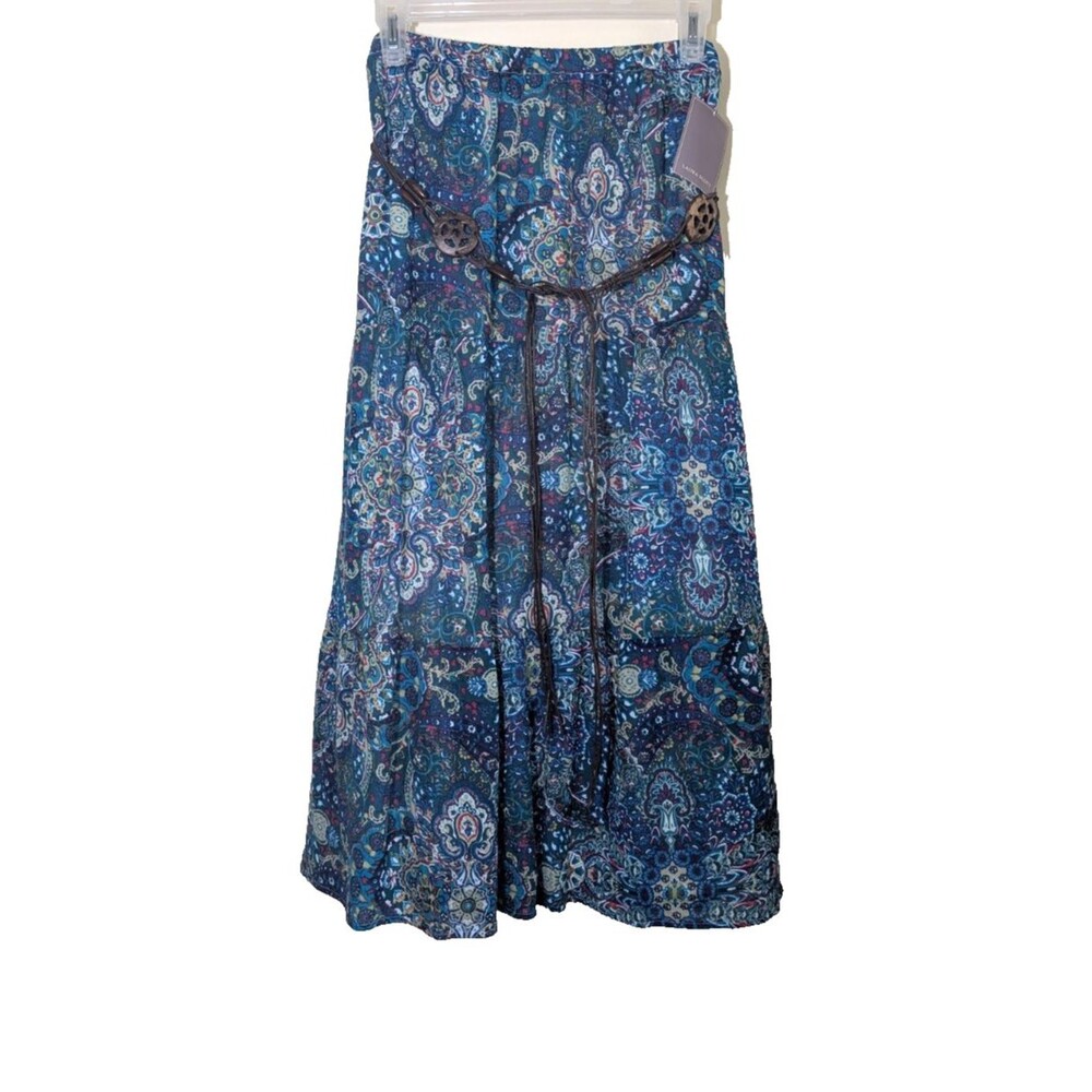 Laura Scott Missy Skirt Crinkle Tiered Belted Lined Cotton Midi Maxi Boho Medium